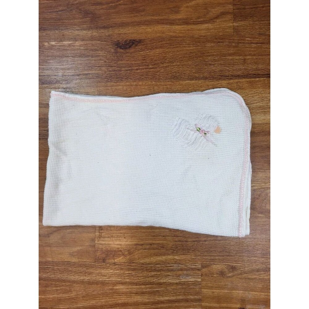 Vintage Sweet William White Waffle Baby Crib Blanket Pink‎ Trim